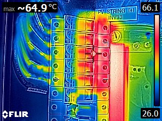 This busbar section was running at 64.9degC, hot enough to damage the plastics of the insulation.